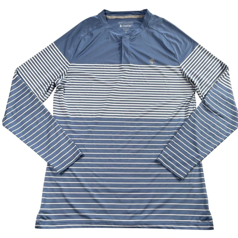 Coolibar Henley Shirt M Blue‎ 1/4 Snap Blue Stripe UPF 50 Tiebreaker Resortwear